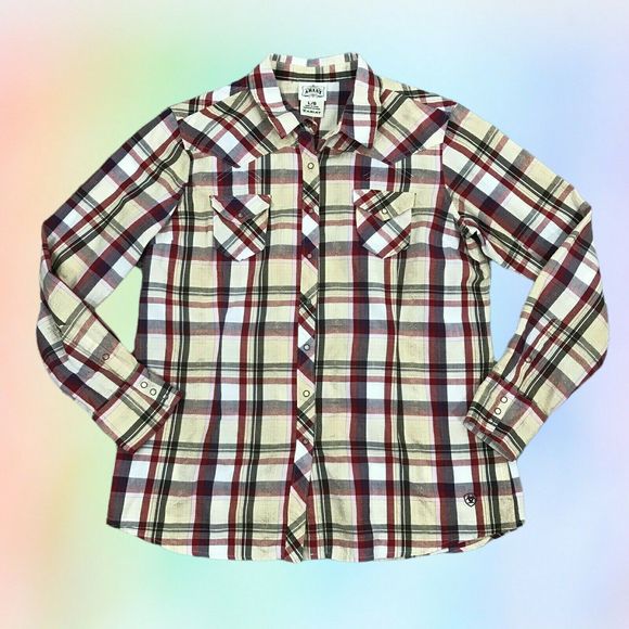 Ariat Western Shirt Snap Down Plaid Long Sleeve Rodeo L Red Yellow‎ Metallic - Picture 1 of 8